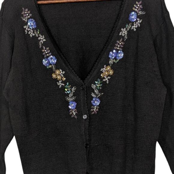VTG 90s Floral Beaded V Neck Button Front Cardigan Sweater Cottagecore Grandma L - Picture 3 of 10